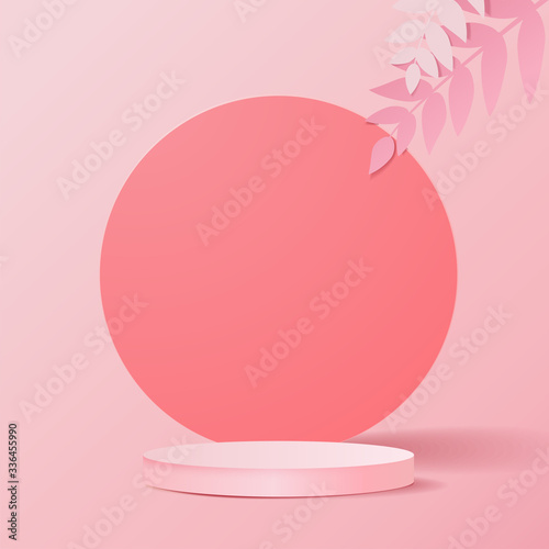 minimal scene with geometrical forms. Cylinder podium in pink background with leaves and shadow. Scene to show cosmetic product, Showcase, shopfront, display case. 3d vector illustration.