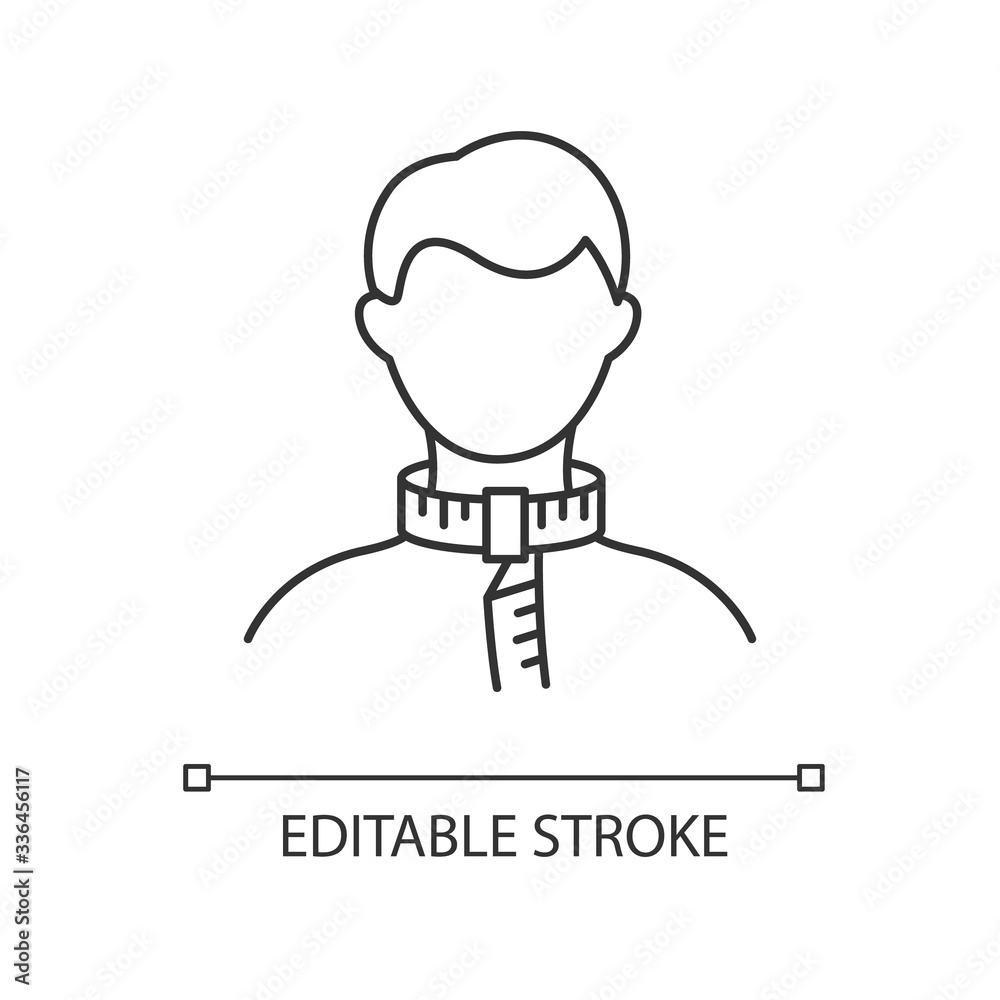 Neck circumference pixel perfect linear icon. Thin line customizable illustration. Human body measurements, tailoring parameters contour symbol. Vector isolated outline drawing. Editable stroke