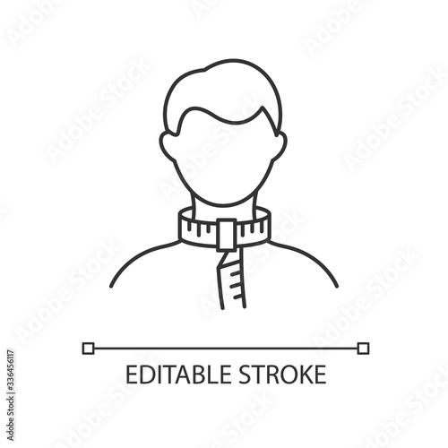 Neck circumference pixel perfect linear icon. Thin line customizable illustration. Human body measurements, tailoring parameters contour symbol. Vector isolated outline drawing. Editable stroke