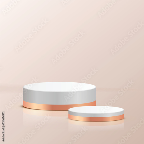 minimal scene with geometrical forms. white and gold cylinder podiums metal material in cream background. Scene to show cosmetic product, Showcase, shopfront, display case. 3d vector illustration.