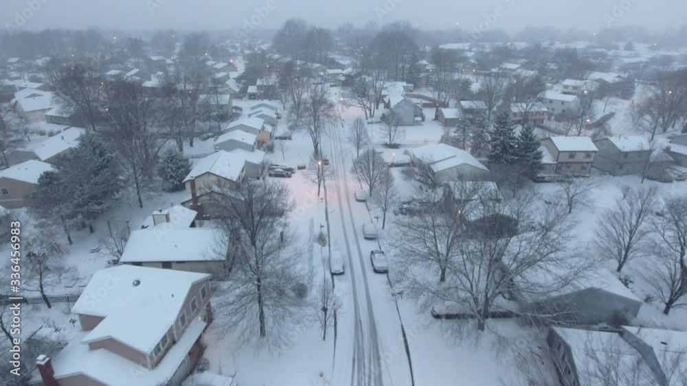 drone shot of snow covered town Westerville Ohio drone shot of snow covered town Westerville Ohio