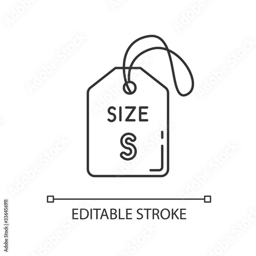 Small size label pixel perfect linear icon. Thin line customizable illustration. Garments parameters description contour symbol. Tag with S letter. Vector isolated outline drawing. Editable stroke