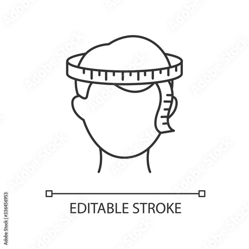 Head circumference pixel perfect linear icon. Thin line customizable illustration. Human body measuring contour symbol. Dimensions for bespoke hat. Vector isolated outline drawing. Editable stroke