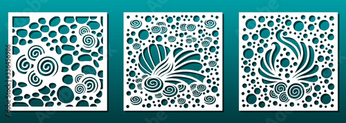 Laser cut emplates. Square panels with nautical pattern and seashells. For cuttung or carving stencil, fretwork, paper art, wall art decor and interior design. Vector illustration