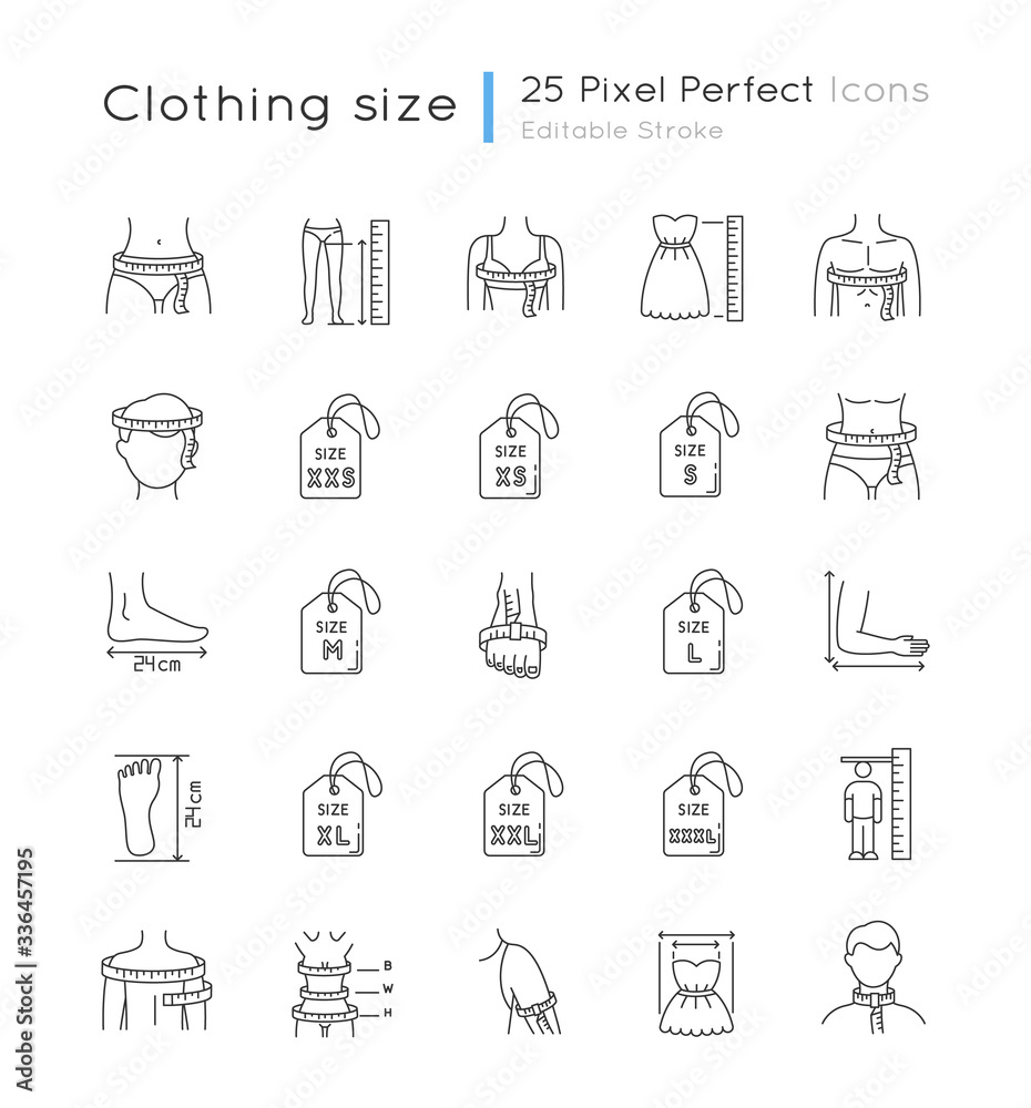 Vecteur Stock Clothing sizes pixel perfect linear icons set. Body
