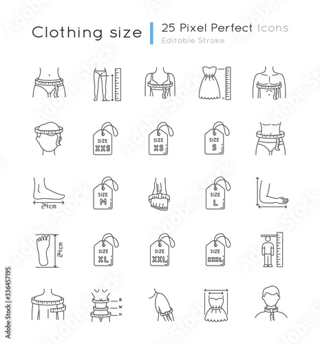 Clothing sizes pixel perfect linear icons set. Body measurements customizable thin line contour symbols. Female and male parameters for apparel. Isolated vector outline illustrations. Editable stroke