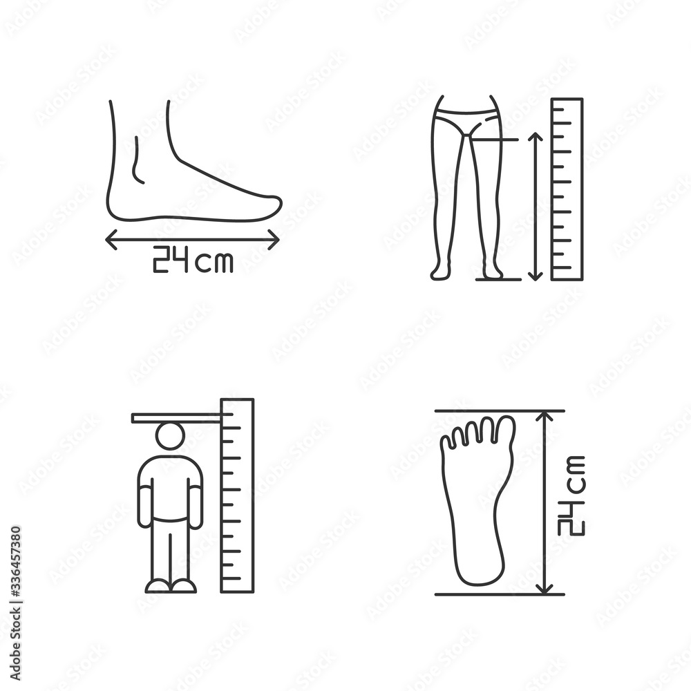 Body measurements pixel perfect linear icons set. Inside leg, foot length and human height determination customizable thin line contour symbols. Isolated vector outline illustrations. Editable stroke