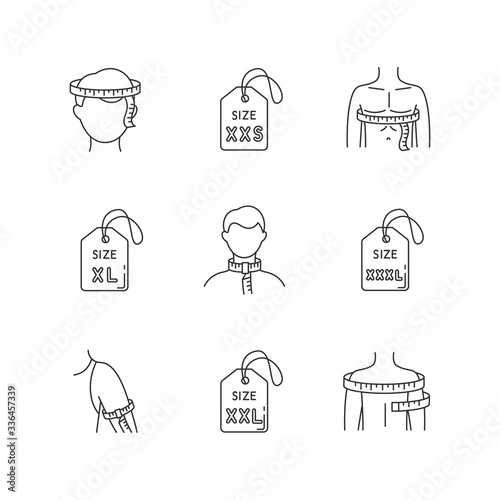 Male clothing sizes pixel perfect linear icons set. Men body measurement for apparel. Bespoke tailoring customizable thin line contour symbols. Isolated vector outline illustrations. Editable stroke