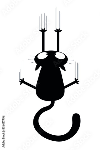 Black cat slides down the wall leaving claw marks. vector illustration.