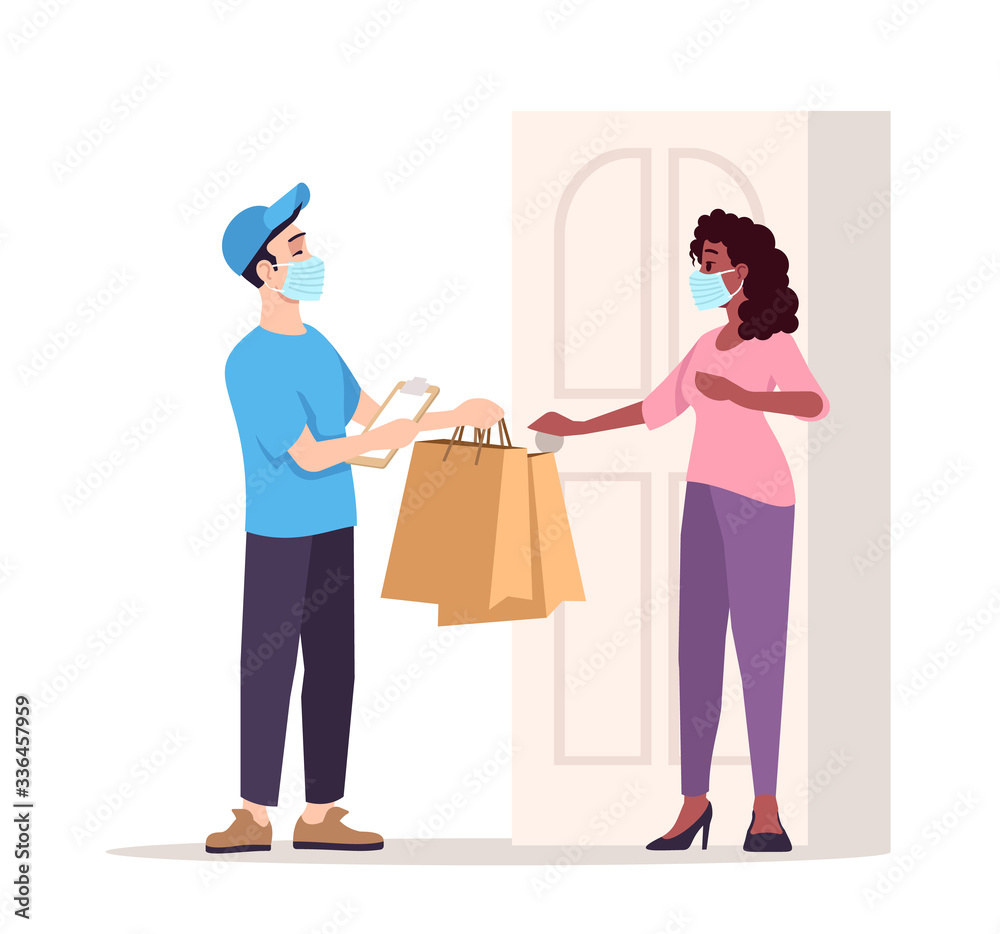 Courier and customer in surgical masks semi flat RGB color vector illustration. Delivery boy and woman isolated cartoon character on white background. Ordering service in quarantine, covid19 pandemic