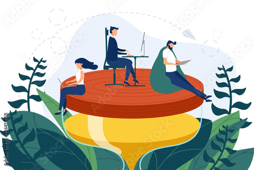 Team of employees work on the hourglass relaxed and concentrated. Business concept of time management and workaholic meeting deadline. Vector illustration.
