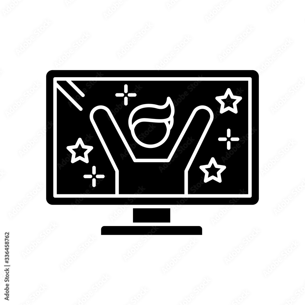Reality TV star black glyph icon. Television program with host. Fun