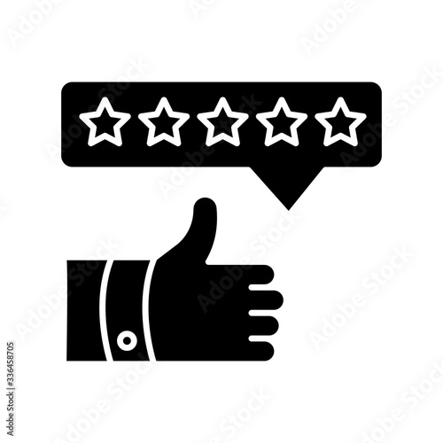 Product review black glyph icon. Thumbs up. Five star film. Excellent quality. Customer satisfaction rate. Assessment and evaluation. Silhouette symbol on white space. Vector isolated illustration