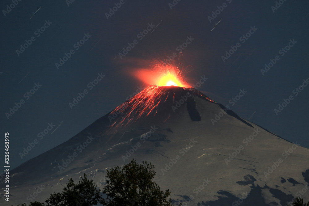Villarrica Volcano eruption at Night