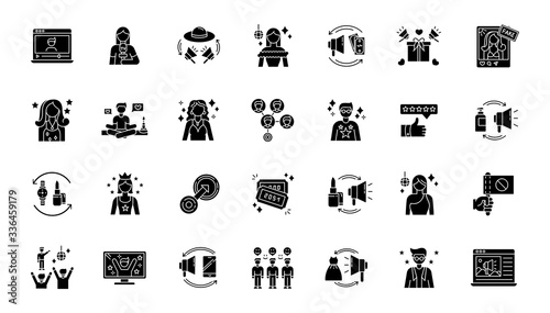 Social media promotion black glyph icons set on white space. Digital marketing with influencers. Product promotion. Loyal audience. Top review. Silhouette symbols. Vector isolated illustration