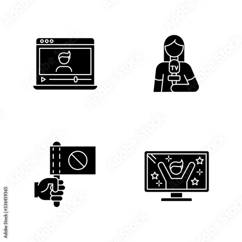 Broadcasting black glyph icons set on white space. Watch vlog on laptop. Journalist broadcasting news. Activist protest. Reality TV show star. Silhouette symbols. Vector isolated illustration