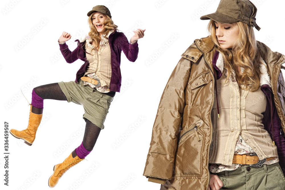 brunette high school girl jumping and posing in winter clothes isolated on white. brunette high school girl jumping and posing in winter clothes isolated on white.