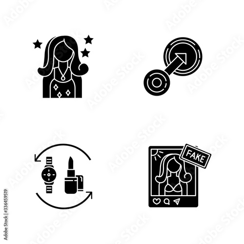 Social media influencer black glyph icons set on white space. Popular female celebrity. Barter of fashion products. Fake influencer social media page. Silhouette symbols. Vector isolated illustration