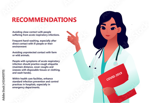 Young beautiful woman doctor. Covid-19 Prevention recommendation. Coronavirus Outbreak Tips