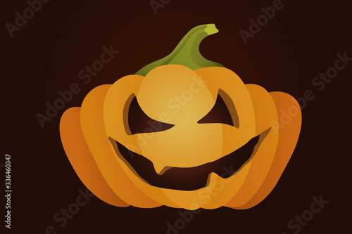 Scary pumpkin with evil smile on dark background. Happy Halloween greeting card. Spooky Carved pumpkin face, jack o lantern. Halloween poster.  Modern vector in flat style. Trick or treat