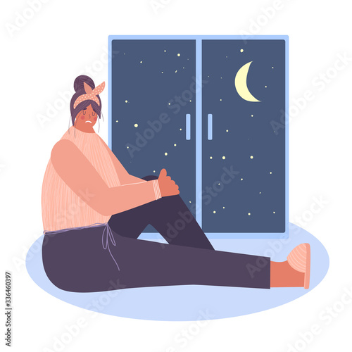 The concept of depression. Sad lonely woman is suffering from depression. Vector illustration.