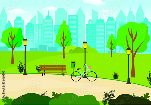 illustrazione di un  parco urbano con panchina, bicicletta e grattacieli