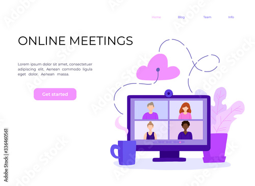 Desktop computer with group of colleagues taking part in video conference. Software for videoconferencing and online communication. Virtual work meeting. Modern vector illustration in flat style