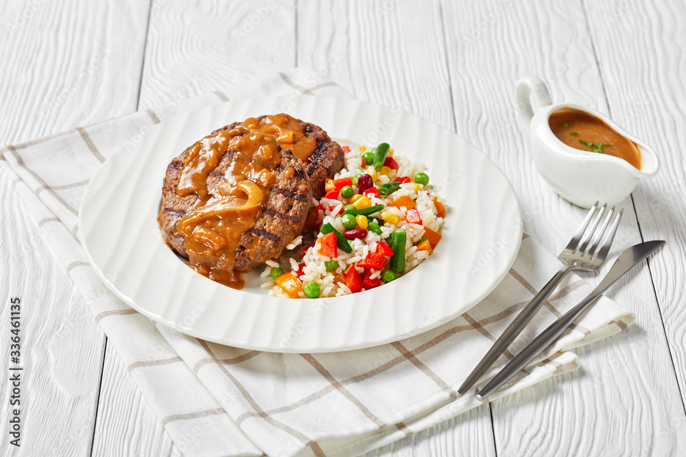 grilled hamburger steaks with tasty onion gravy grilled hamburger steaks with tasty onion gravy