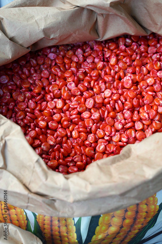 Red chemically treated corn seeds in a sack