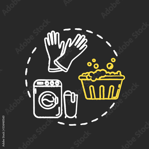 Wash laundry thoroughly chalk RGB color concept icon. Clean clothes. Disinfection and sanitation for health care. Quarantine idea. Vector isolated chalkboard illustration on black background