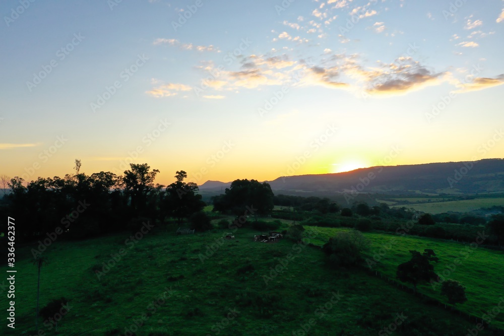 Obraz premium Panoramic view of sunset in the rural life. Great landscape.