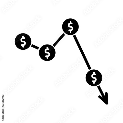 Crysis, currency depreciation black glyph icon. Inflation, exchange rates decline. Commerce, business fail, profit reduction. Silhouette symbol on white space. Vector isolated illustration