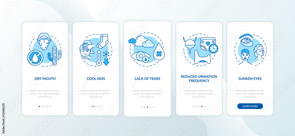 Rotavirus symptoms onboarding mobile app page screen with concepts. Dry mouth, cool skin infection signs walkthrough 5 steps graphic instructions. UI vector template with RGB color illustrations