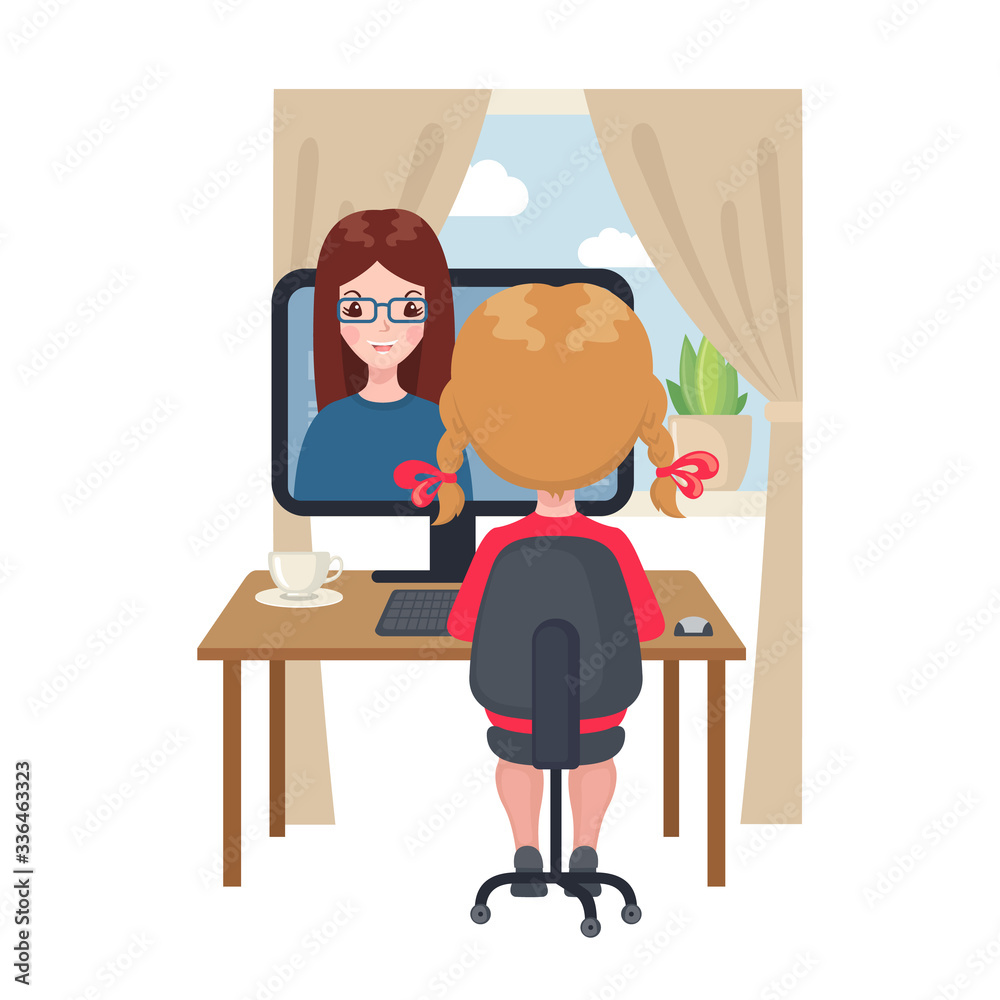 Young girl sitting at a table and studying at the computer at home . Young girl sitting at a table and studying at the computer at home .