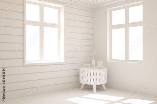 Empty room in white color with table. Scandinavian interior design. 3D illustration