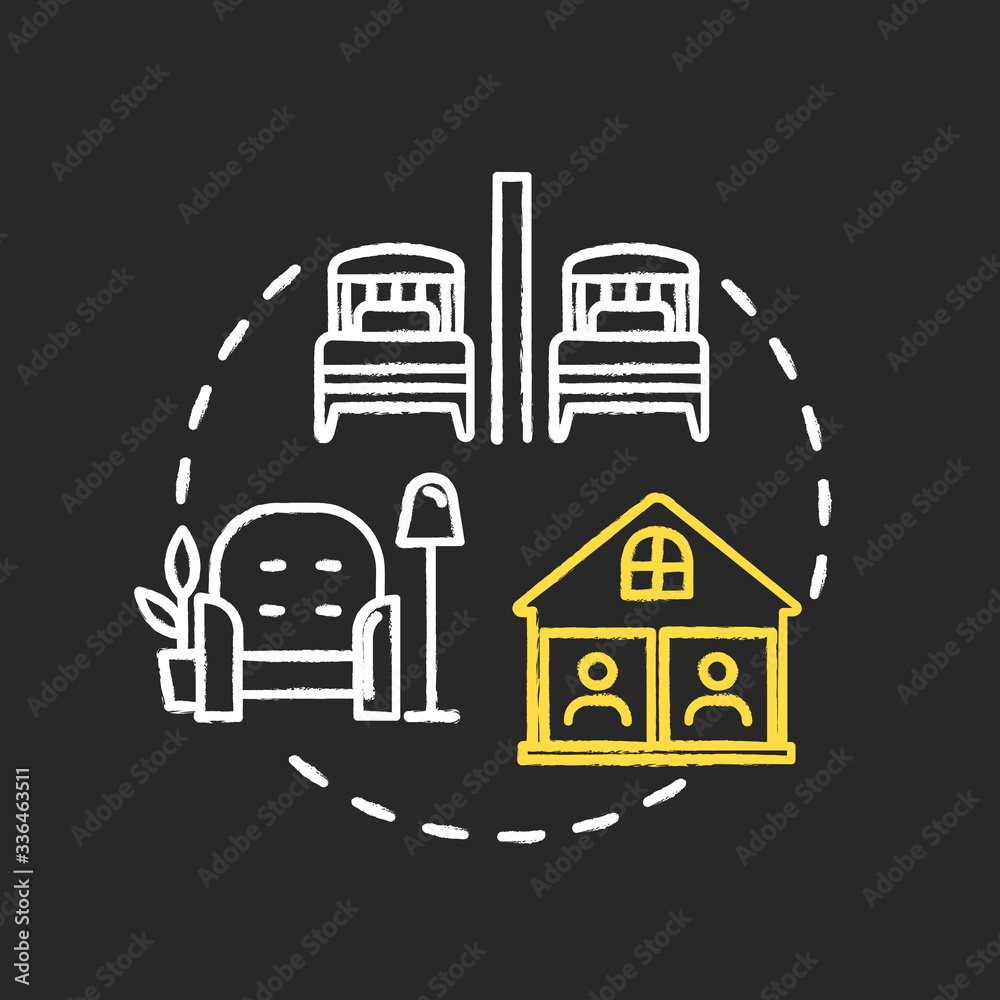 Separate room chalk RGB color concept icon. Self isolation indoors. Protection for personal health. Family apartment. Quarantine idea. Vector isolated chalkboard illustration on black background