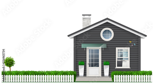 Beautiful little house with trees in pots