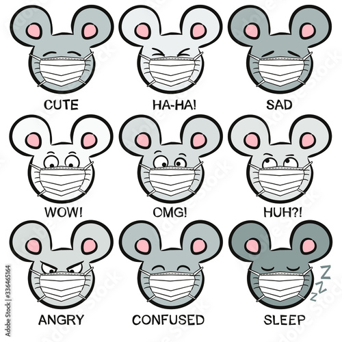 Mouse emoji in a protective mask. Funny hand drawn mouses in quarantine. Animals vector illustration. Doodle mouse.
