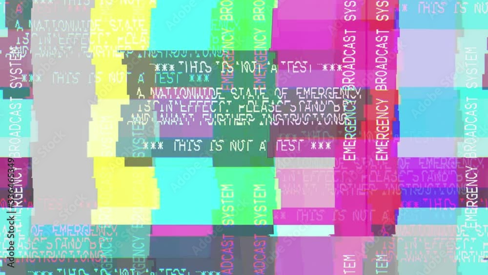 Emergency broadcast system. Bad signal. Corrupted Alert message. Video glitched transmission