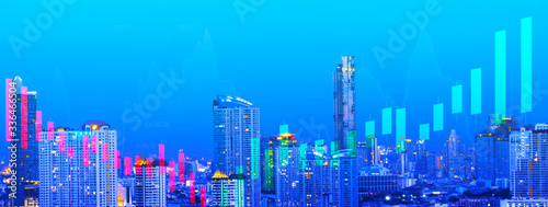 panoramic banner for website, double exposure stock graph candlestick with cityscape view, business financial graph concept