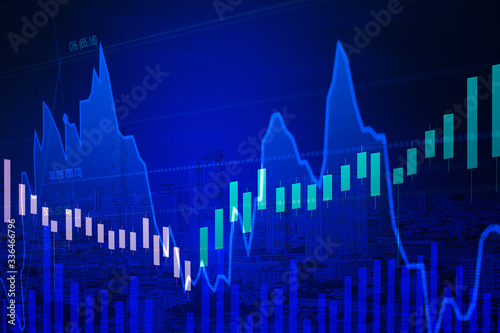 double exposure stock graph indicator and cityscape view in blue background, business or financial chart concept