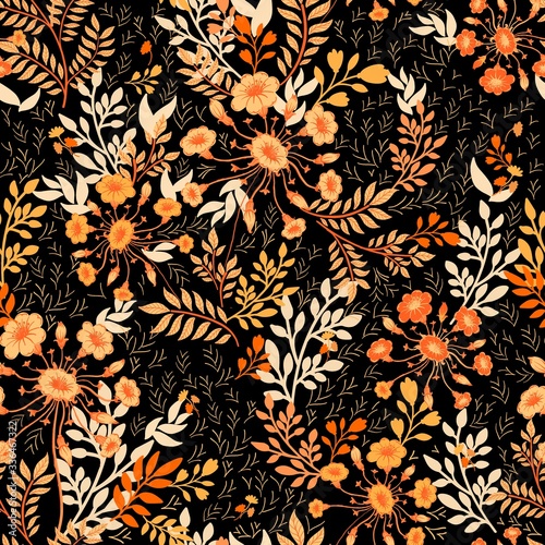 Bright seamless pattern with floral elements. Orange, yellow and light brown branches, leaves, flowers are densely and randomly arranged on a black background. Vector for textile, wallpaper, tile.