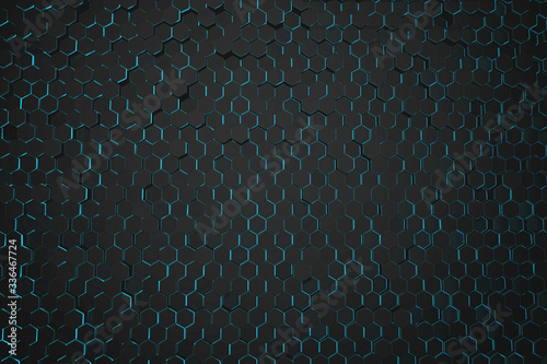 Abstract black hexagon background with glowing light. 3D rendering illustration.