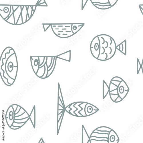 Seamless pattern with different fishes. Simple flat style vector illustration. For example, this seamless pattern can be used for wallpapers or coloring books etc. Black and white illustration.