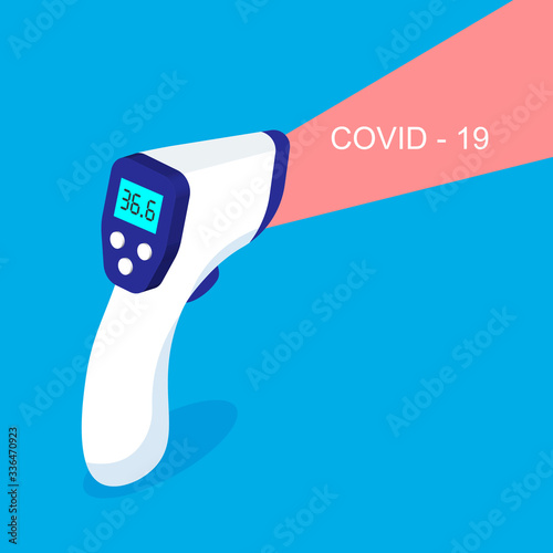 Vector medical infrared thermometer reveals Coronavirus or Covid-19. Digital body thermometer in isometric projection isolated on blue background.	