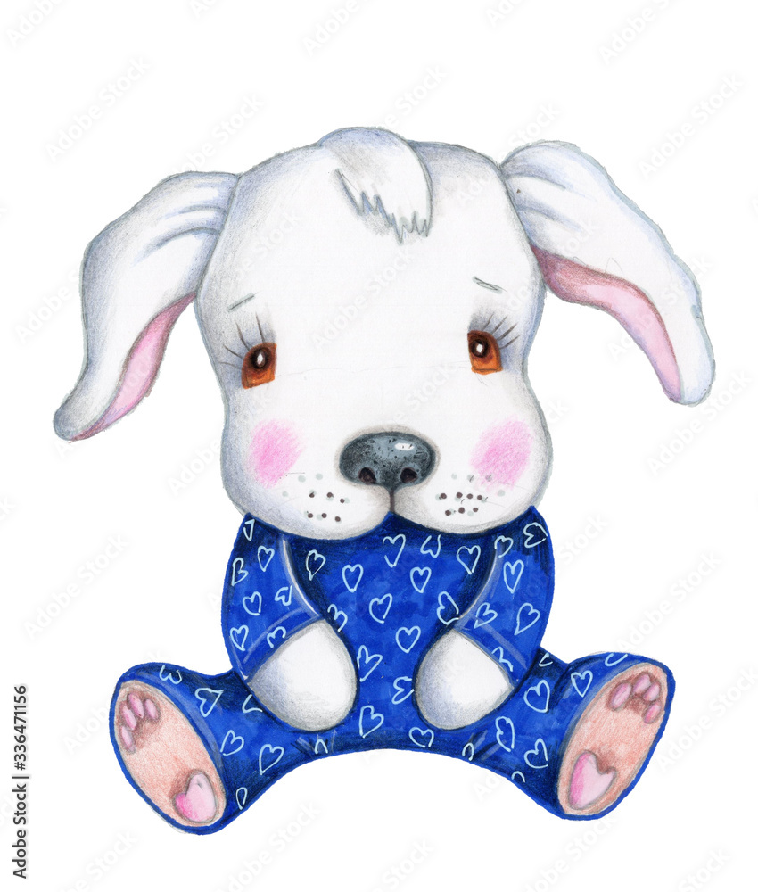 Cute cartoon dog puppy in blue. Hand drawn watercolor illustration. Isolated on white background.