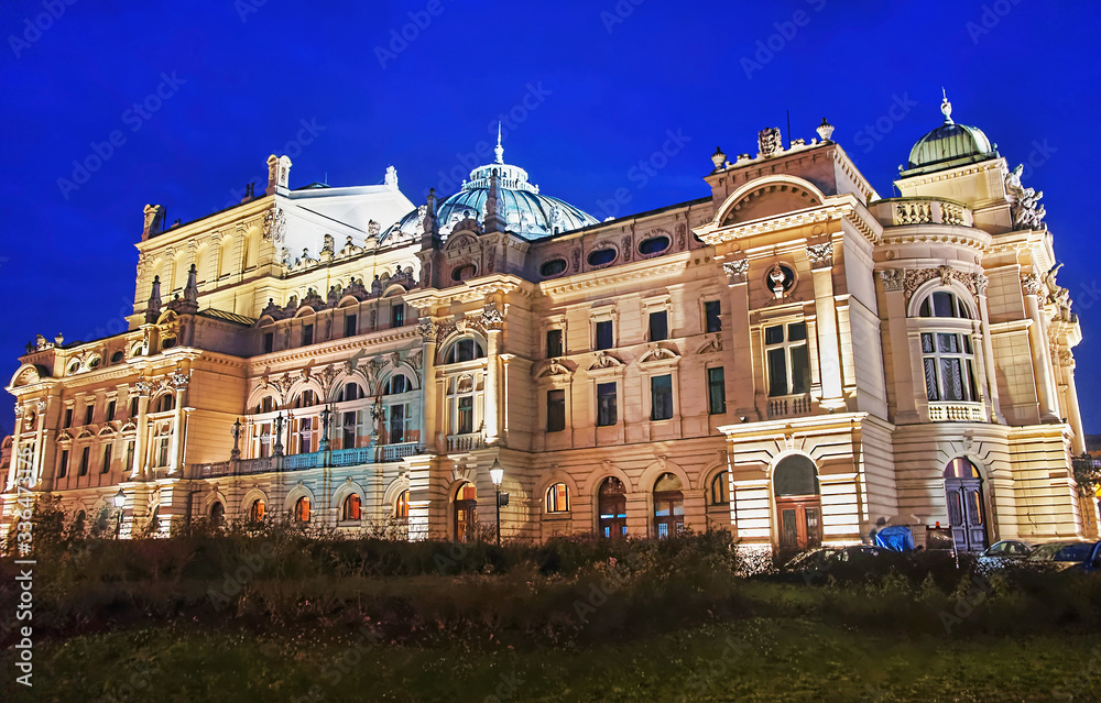 Juliusz Slowacki Theater in evening Krakow
