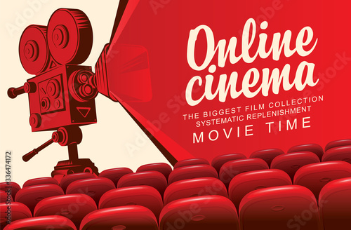 Vector online cinema poster with an old-fashioned movie projector and rows of red seats. Movie theater at home, the biggest film collection. Online cinema concept. Movie time photo