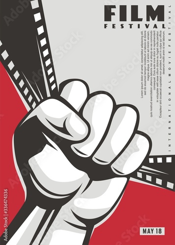 Film festival wall art decor poster design with hand fist and film strip. Movie fest event flyer idea. Cinema vector graphic.