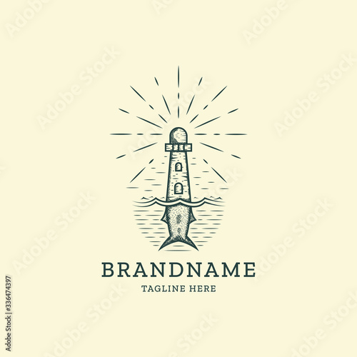 Lighthouse and fish tail vintage retro logo design template